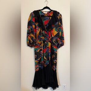 Vintage Susan Freis dress with bold vibrant print and black ruffles